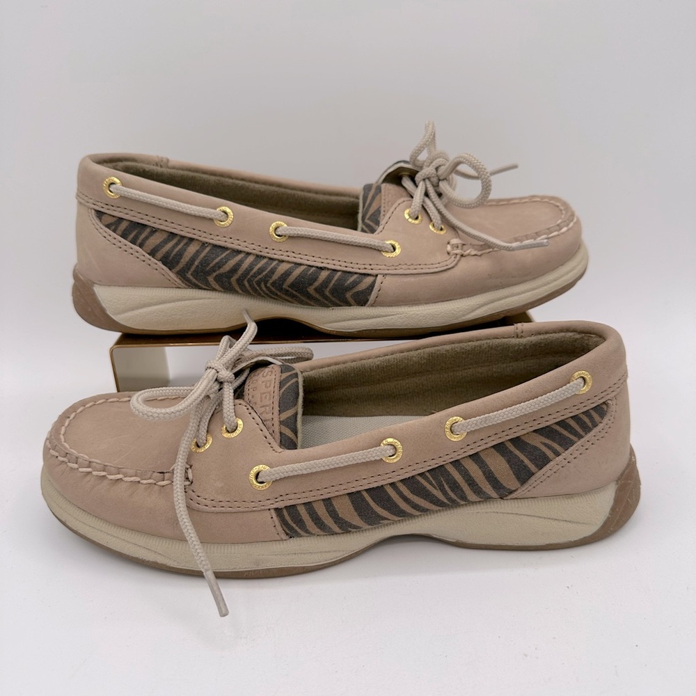 SPERRY Women’s Beige Animal Print Leather Slip-On Boat Shoes | Size 6